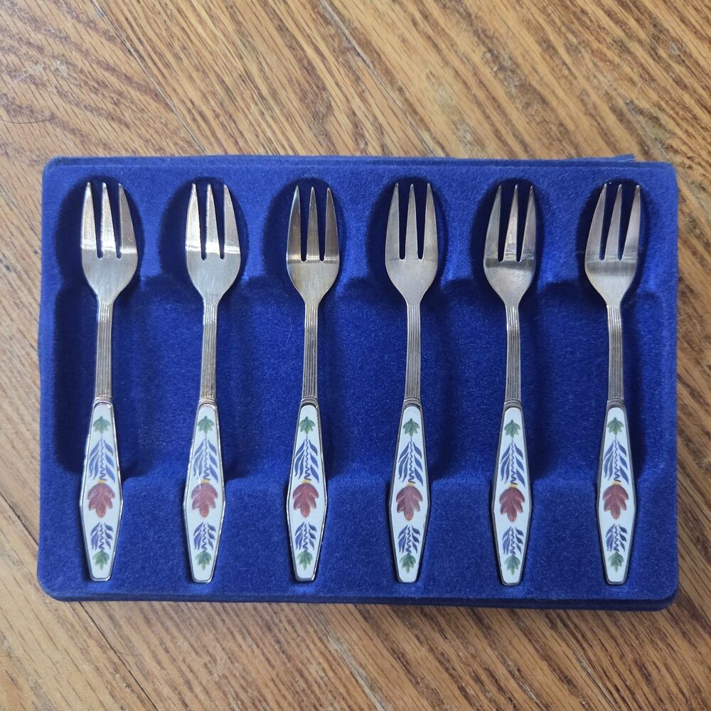 Vintage Van Kempen & Begeer Silver Plate Enamel Seafood Appetizer Forks Set of 6
